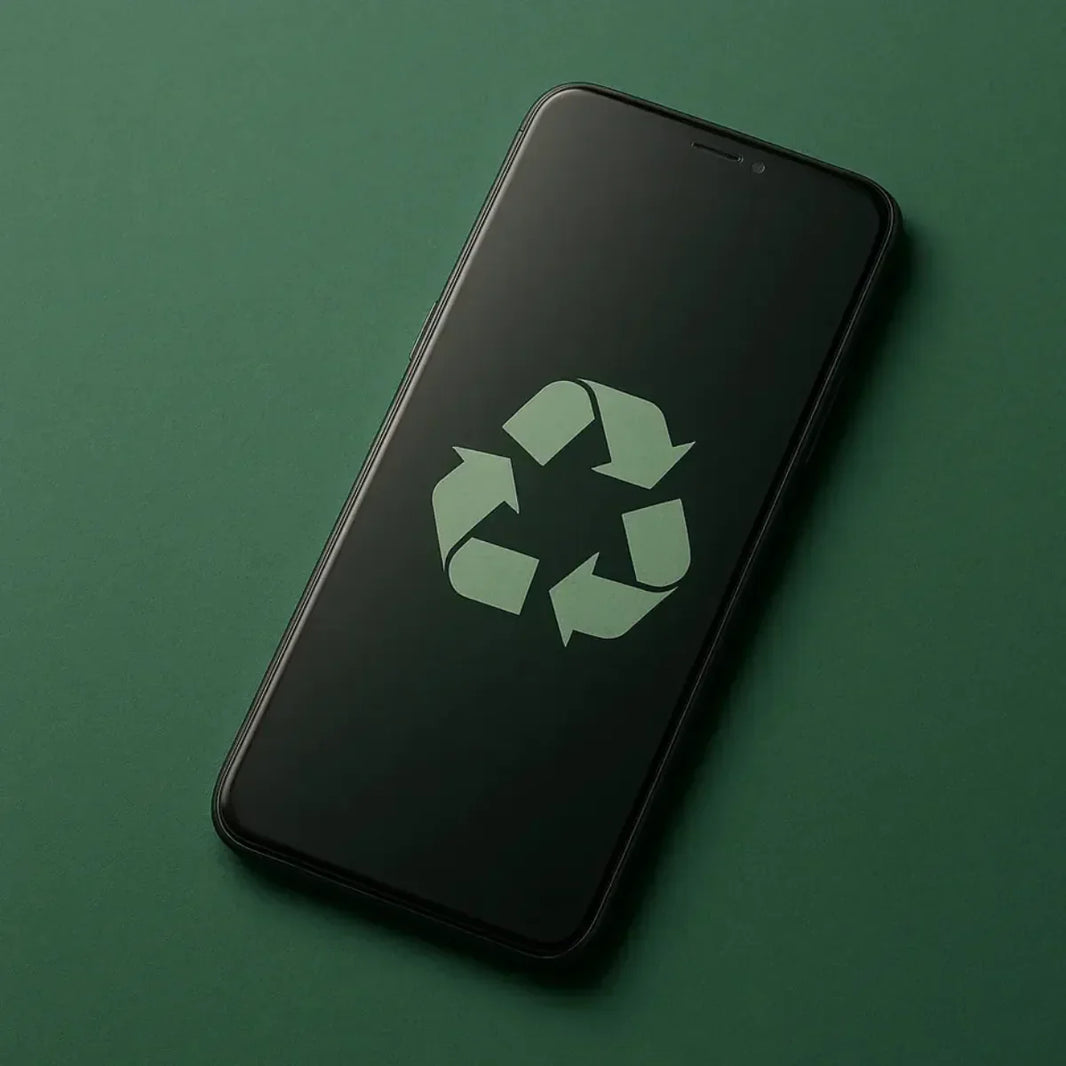 Smartphone noir avec symbole de recyclage vert sur l’écran – illustration de l’article iTelier sur les conseils d’entretien et de recyclage des appareils électroniques pour prolonger leur durée de vie et réduire les déchets.