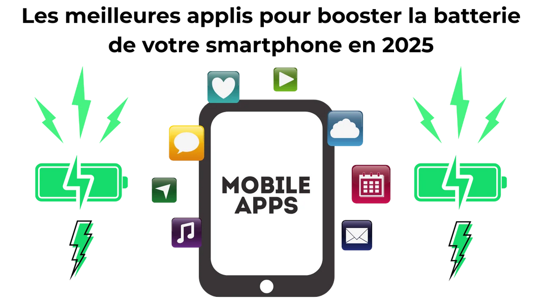 Illustration d’applications mobiles pour booster la batterie et optimiser les performances de smartphone Android et iPhone – iTelier Lyon, expert réparation et conseils autonomie.