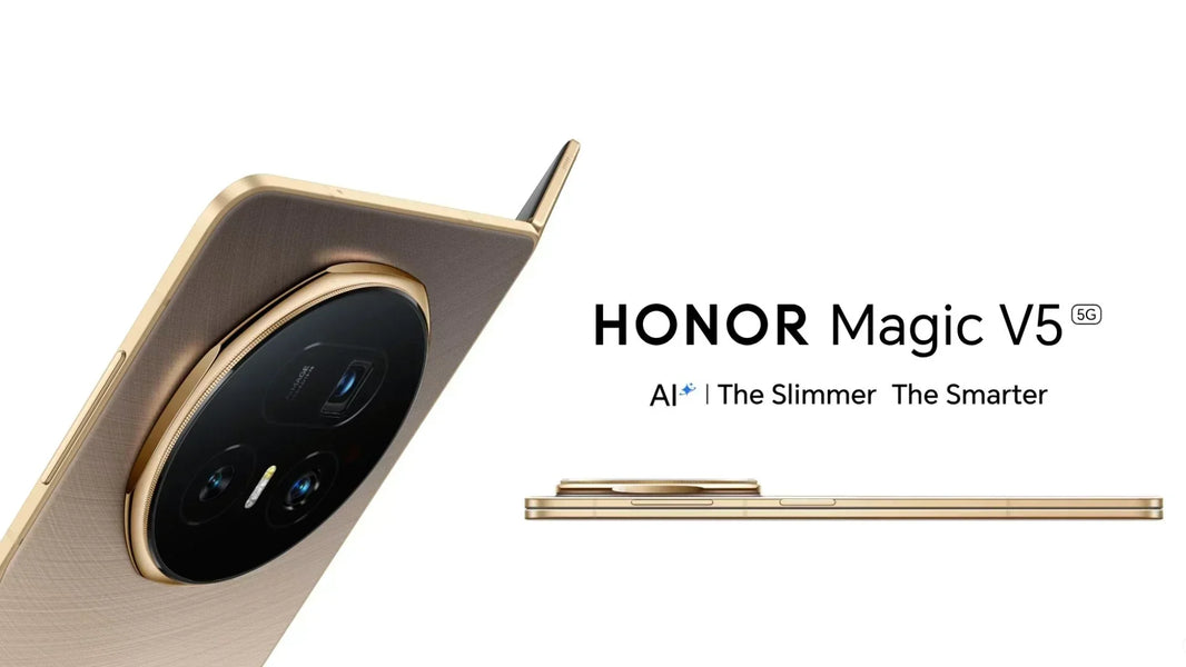 Honor Magic V5 5G nouvelle génération présenté en design premium doré, smartphone pliable haut de gamme, disponible avec réparation et diagnostic iTelier Lyon : écran, batterie et caméra garantie 1 an.