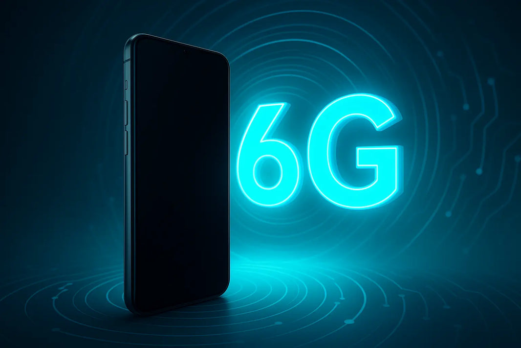 Smartphone moderne avec éclairage futuriste et symbole 6G lumineux, représentant la nouvelle génération de connectivité mobile ultra-rapide, illustration iTelier Lyon.