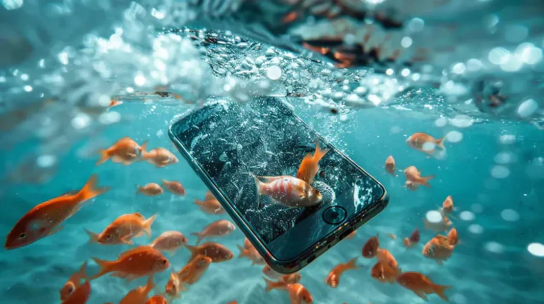 Smartphone immergé dans l’eau entouré de poissons rouges – conseils iTelier pour réagir rapidement et sauver un téléphone tombé dans l’eau.