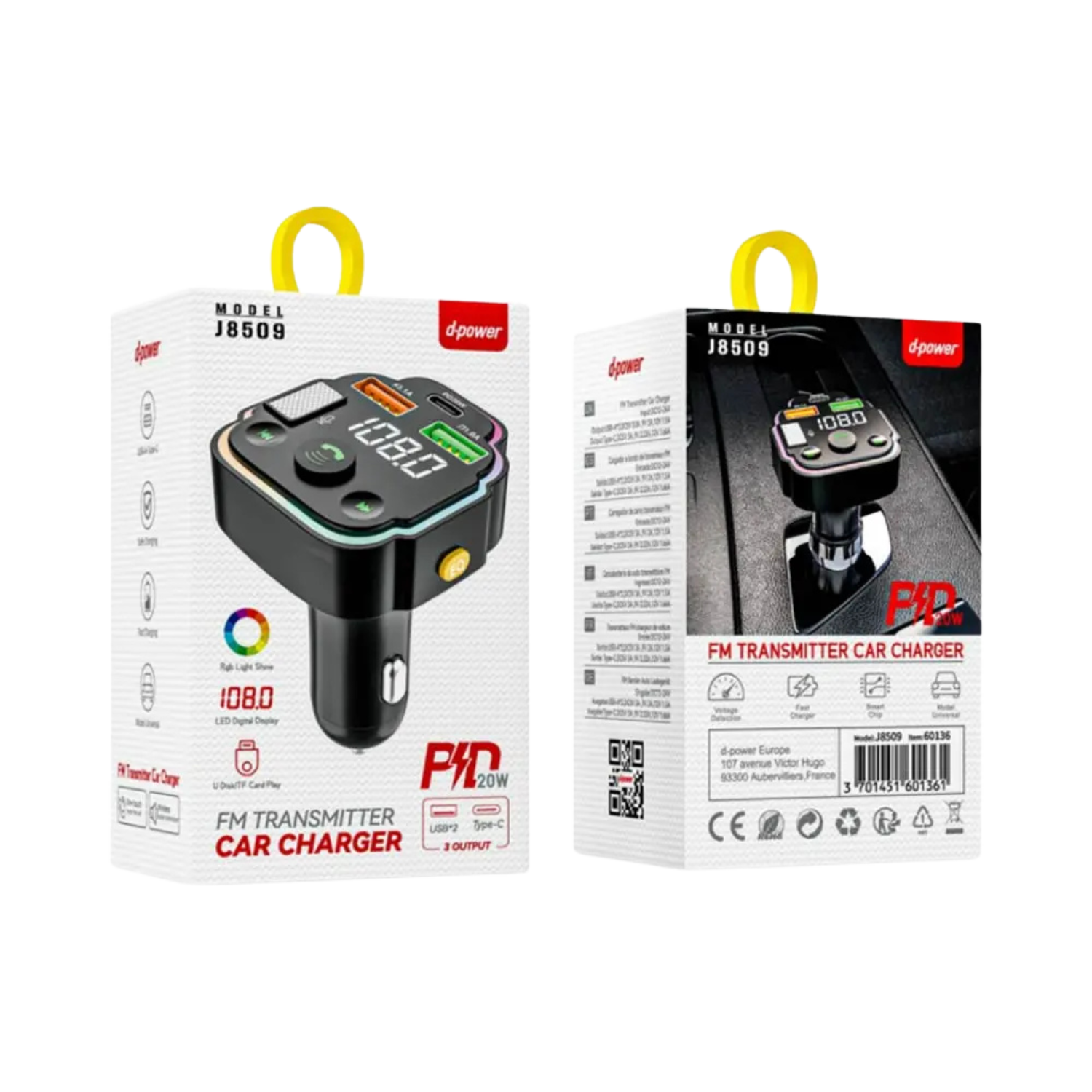 Transmetteur FM Bluetooth voiture d-power J8509 avec chargeur rapide 20W USB-C et USB-A, appels mains libres, écran LED