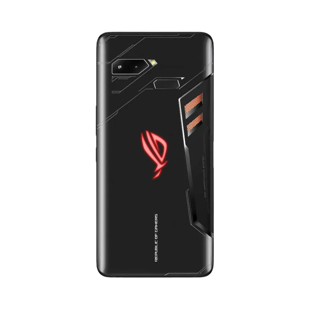 Vue arrière Asus ROG Phone 1 noir avec logo lumineux rouge, réparation batterie ou coque arrière chez iTelier Lyon, service en boutique et par correspondance.