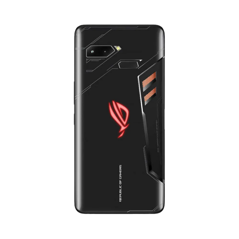 Vue arrière Asus ROG Phone 1 noir avec logo lumineux rouge, réparation batterie ou coque arrière chez iTelier Lyon, service en boutique et par correspondance.