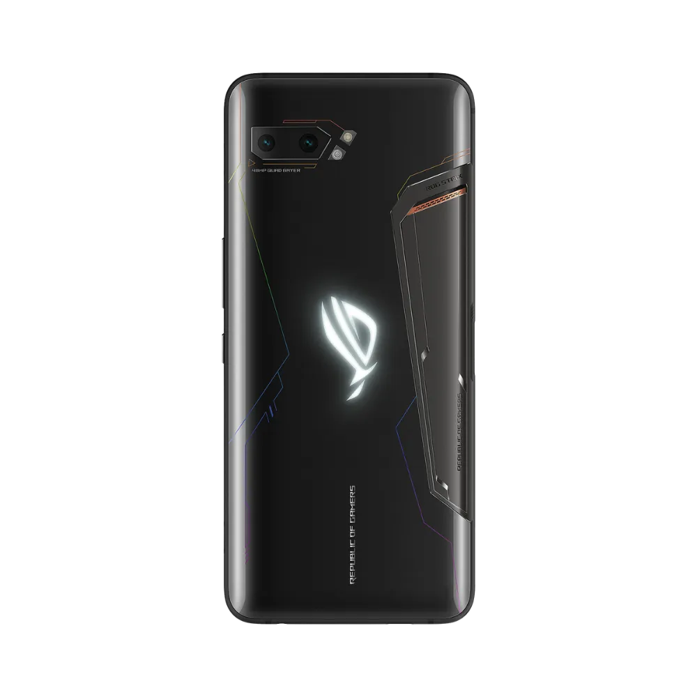 Vue arrière Asus ROG Phone 2 noir avec logo lumineux, réparation batterie ou coque arrière chez iTelier Lyon, service en boutique et par correspondance.