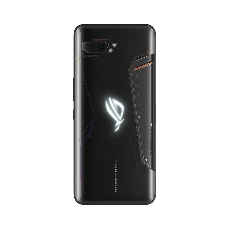 Vue arrière Asus ROG Phone 2 noir avec logo lumineux, réparation batterie ou coque arrière chez iTelier Lyon, service en boutique et par correspondance.