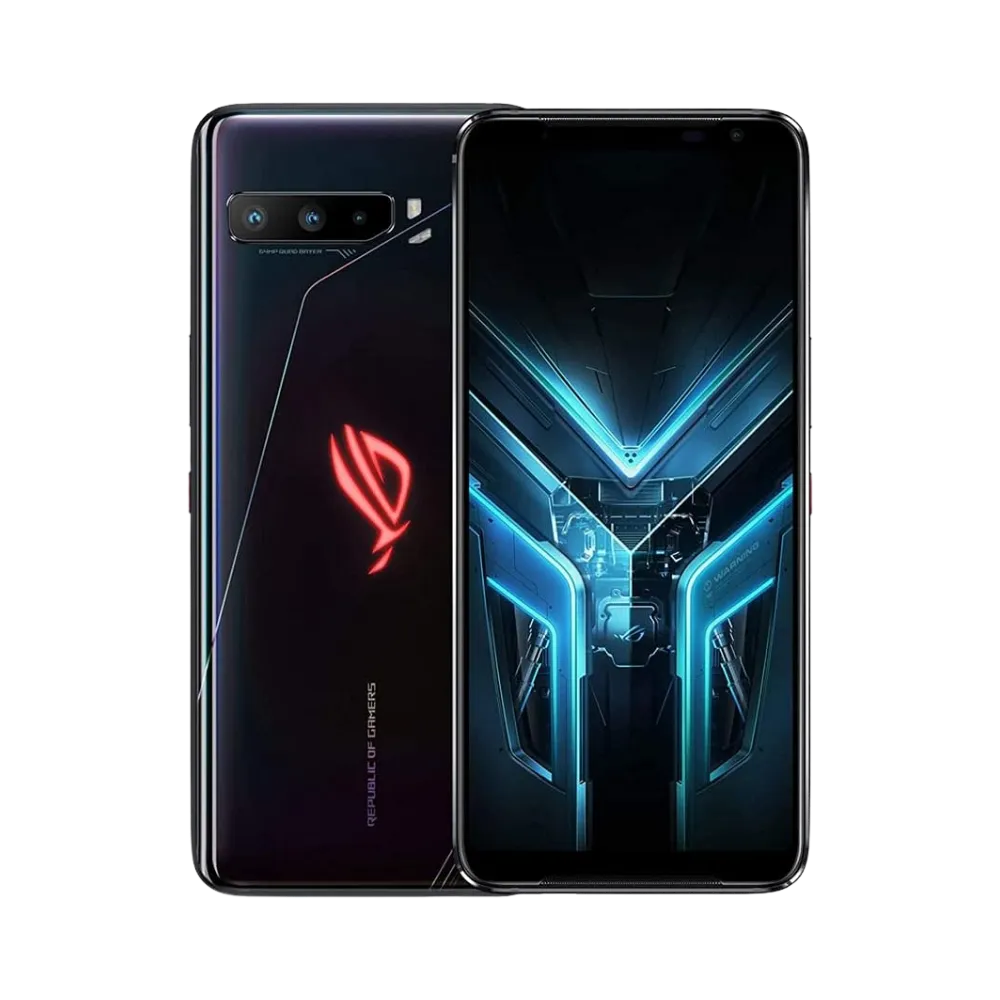 Asus ROG Phone 3 noir avec éclairage LED rouge et bleu, réparation écran AMOLED et batterie chez iTelier Lyon, service rapide, pièces d’origine garanties, envoi national sécurisé.