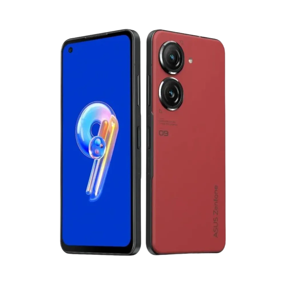 Vue arrière Asus Zenfone 9 rouge avec double capteur photo, réparation batterie et coque arrière chez iTelier Lyon, service en boutique ou par correspondance.