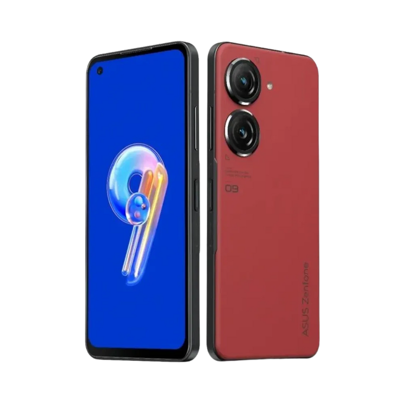 Vue arrière Asus Zenfone 9 rouge avec double capteur photo, réparation batterie et coque arrière chez iTelier Lyon, service en boutique ou par correspondance.