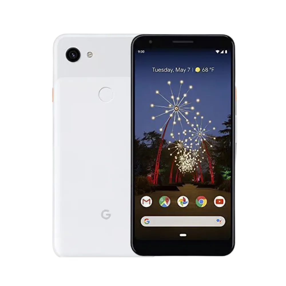 Google Pixel 3a XL blanc, affiché de face et dos. Réparation écran fissuré, batterie fatiguée, vitre arrière ou caméra chez iTelier Lyon. Service rapide, pièces garanties 1 an.