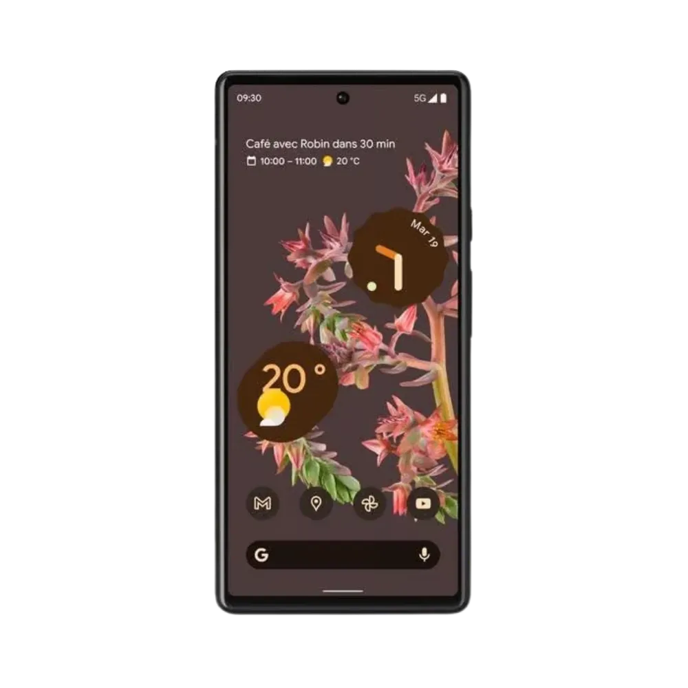 Pixel 6 avec écran allumé et fond floral. Réparation écran OLED cassé, tactile HS ou écran noir chez iTelier Lyon. Service express et sécurisé, diagnostic offert.