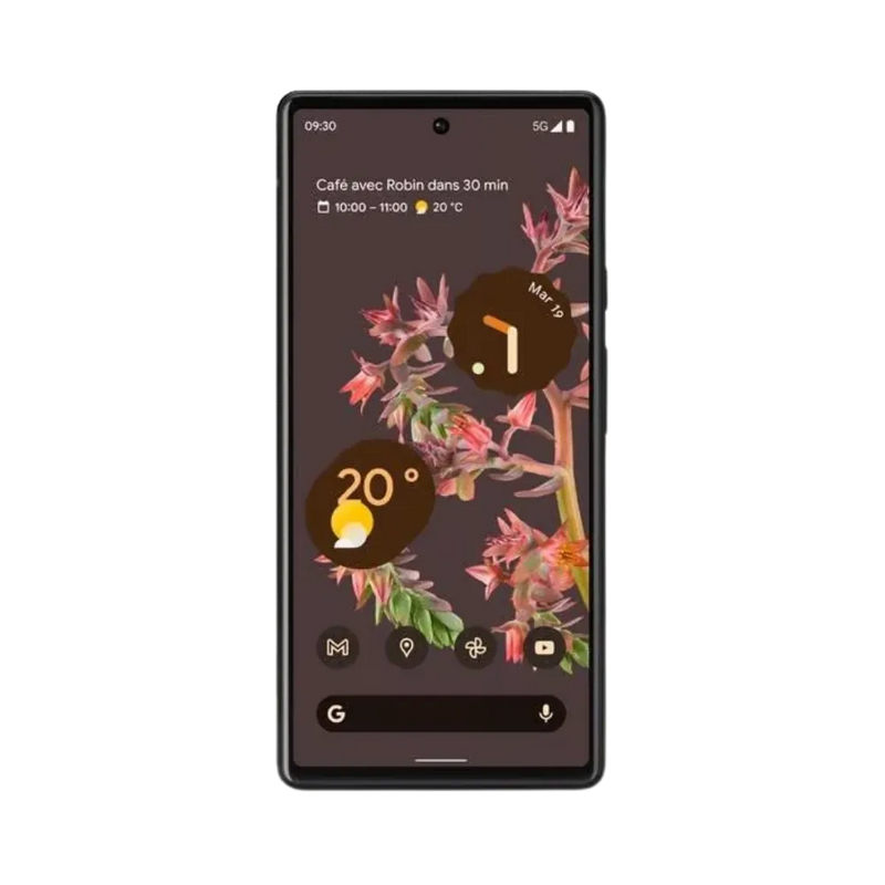 Pixel 6 avec écran allumé et fond floral. Réparation écran OLED cassé, tactile HS ou écran noir chez iTelier Lyon. Service express et sécurisé, diagnostic offert.
