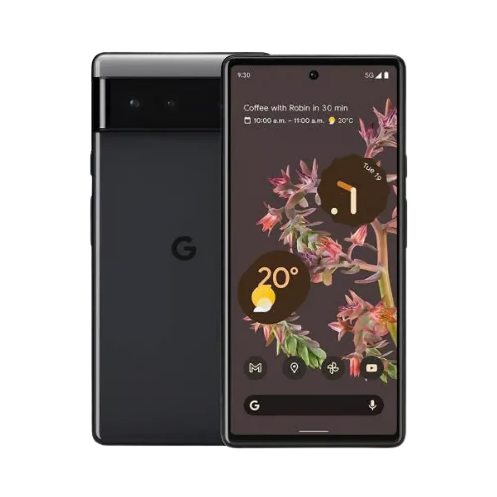 Google Pixel 6 noir mat, affiché face et dos. Réparation écran fissuré, batterie défaillante, caméra ou coque arrière chez iTelier Lyon. Prise en charge rapide, pièces garanties.