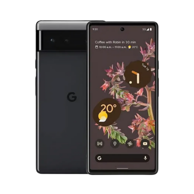 Google Pixel 6 noir mat, affiché face et dos. Réparation écran fissuré, batterie défaillante, caméra ou coque arrière chez iTelier Lyon. Prise en charge rapide, pièces garanties.