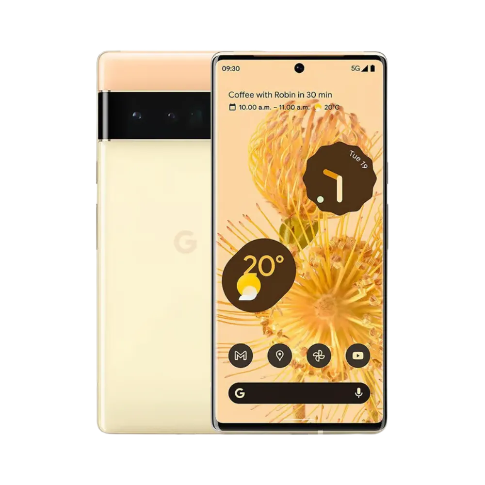 Google Pixel 6 Pro jaune sable, face et dos visibles. Réparation écran cassé, batterie défaillante, vitre arrière ou caméra chez iTelier Lyon. Service rapide, pièces garanties 12 mois.