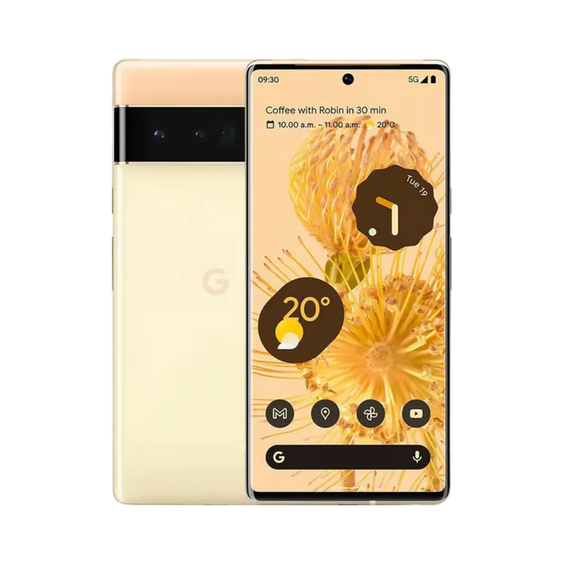 Google Pixel 6 Pro jaune sable, face et dos visibles. Réparation écran cassé, batterie défaillante, vitre arrière ou caméra chez iTelier Lyon. Service rapide, pièces garanties 12 mois.