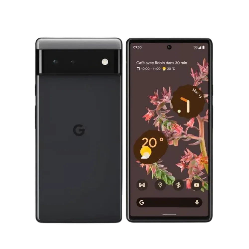 Profil latéral droit du Pixel 6 noir. Réparation châssis, port USB-C, bouton volume ou batterie gonflée chez iTelier Lyon. Service professionnel avec pièces d’origine garanties.