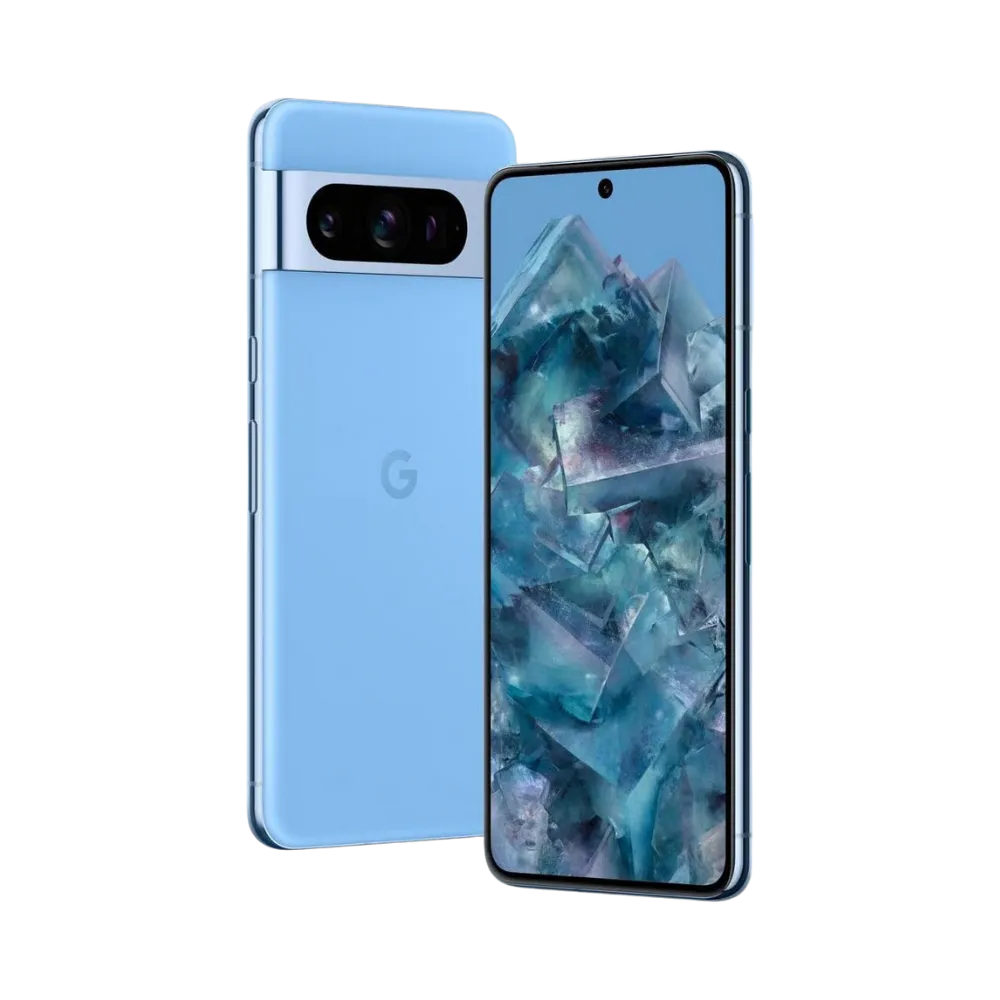 Pixel 8 Pro en angle latéral bleu. Réparation smartphone plié, rayé, batterie gonflée ou écran qui ne s’allume plus. iTelier Lyon, centre de réparation agréé et rapide.