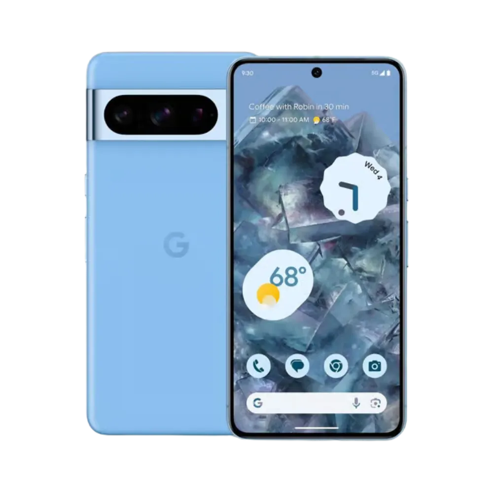 Google Pixel 8 Pro bleu, vue de face et dos. Réparation écran cassé, batterie faible ou vitre arrière chez iTelier Lyon. Service rapide, garanti 12 mois. Diagnostic gratuit et prise en charge simple.