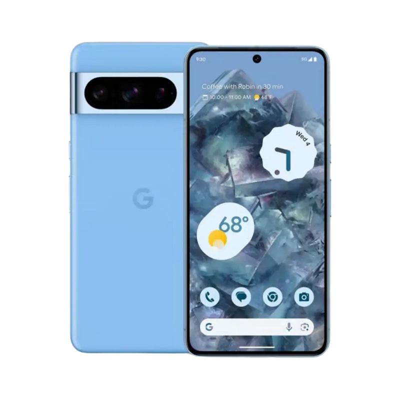 Google Pixel 8 Pro bleu, vue de face et dos. Réparation écran cassé, batterie faible ou vitre arrière chez iTelier Lyon. Service rapide, garanti 12 mois. Diagnostic gratuit et prise en charge simple.