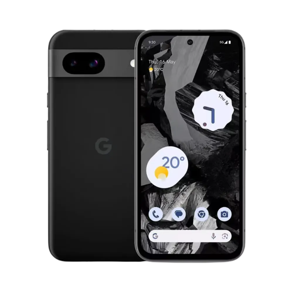 Google Pixel 8a noir, face et dos visibles. Réparation rapide chez iTelier Lyon : écran cassé, batterie défaillante, vitre arrière ou caméra. Service garanti 1 an avec diagnostic offert.