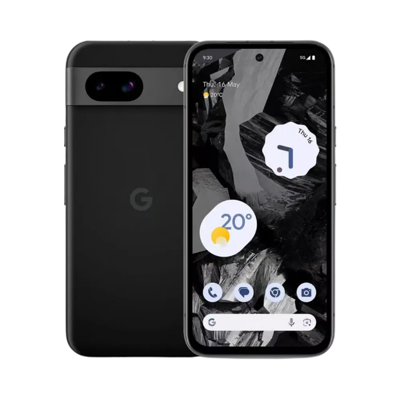 Google Pixel 8a noir, face et dos visibles. Réparation rapide chez iTelier Lyon : écran cassé, batterie défaillante, vitre arrière ou caméra. Service garanti 1 an avec diagnostic offert.