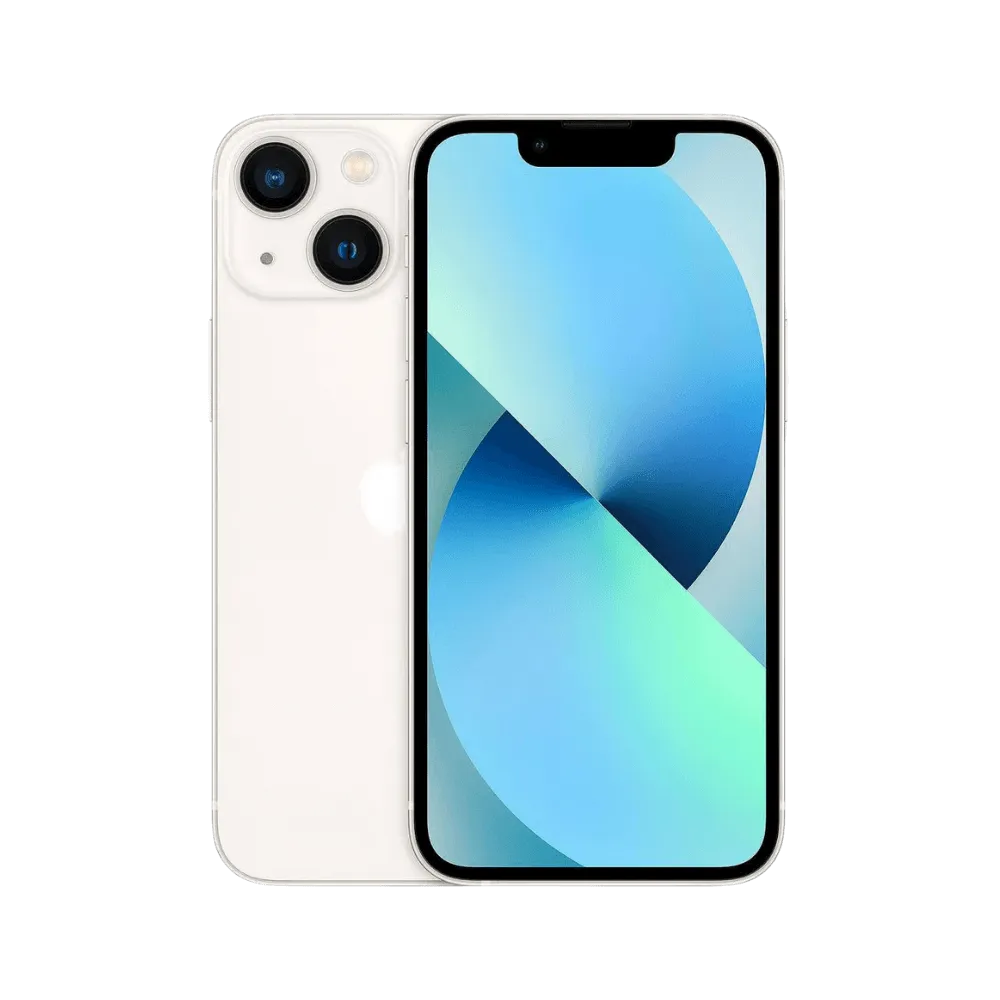 Vue avant et arrière de l’iPhone 13 Mini blanc. Réparation express chez iTelier Lyon : écran, batterie ou vitre arrière. Garantie 1 an.