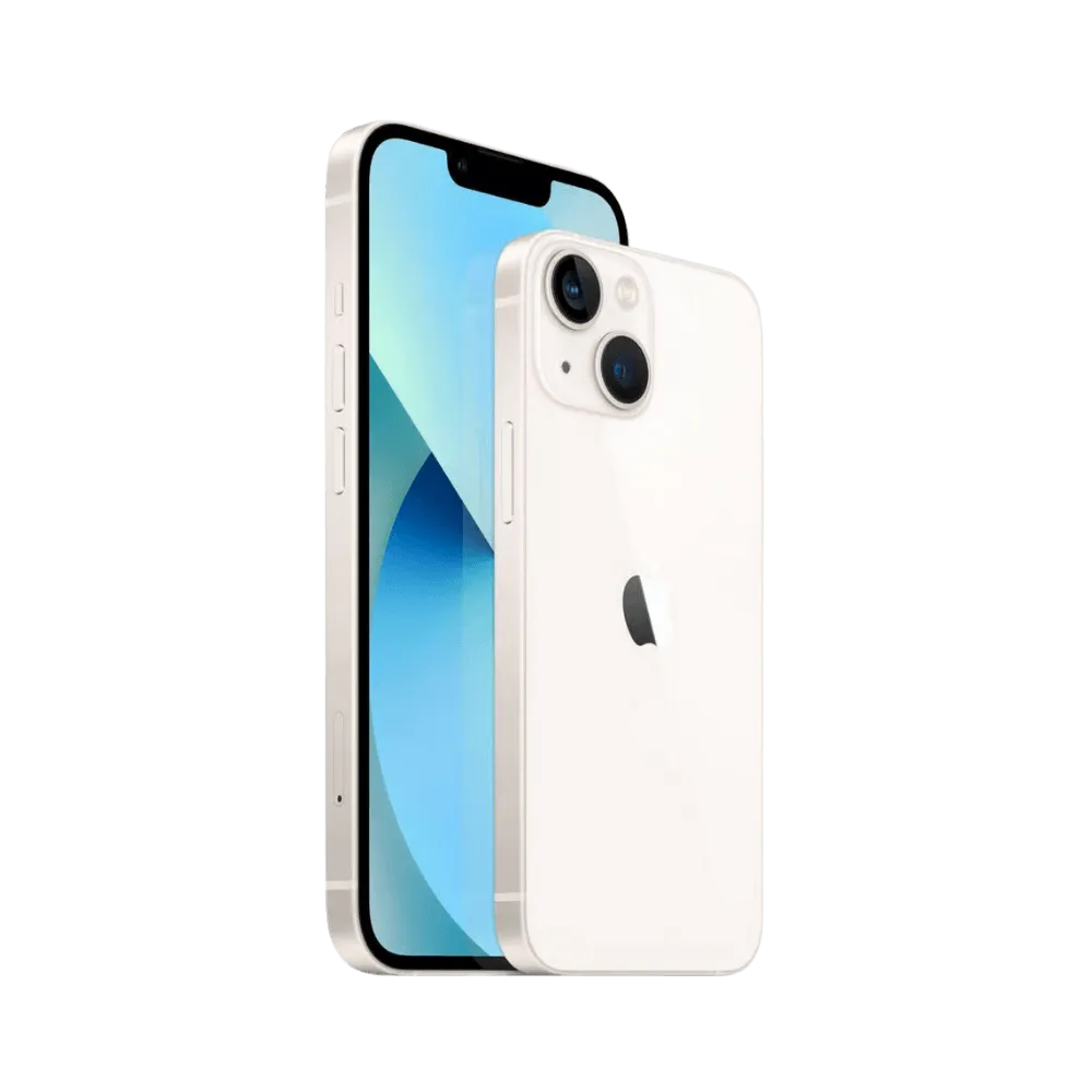 Vue angulaire de l’iPhone 13 Mini blanc. Réparation coque arrière, logo Apple abîmé ou caméra. iTelier Lyon, Caluire, Oullins, Tassin.