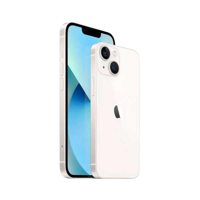 Vue angulaire de l’iPhone 13 Mini blanc. Réparation coque arrière, logo Apple abîmé ou caméra. iTelier Lyon, Caluire, Oullins, Tassin.