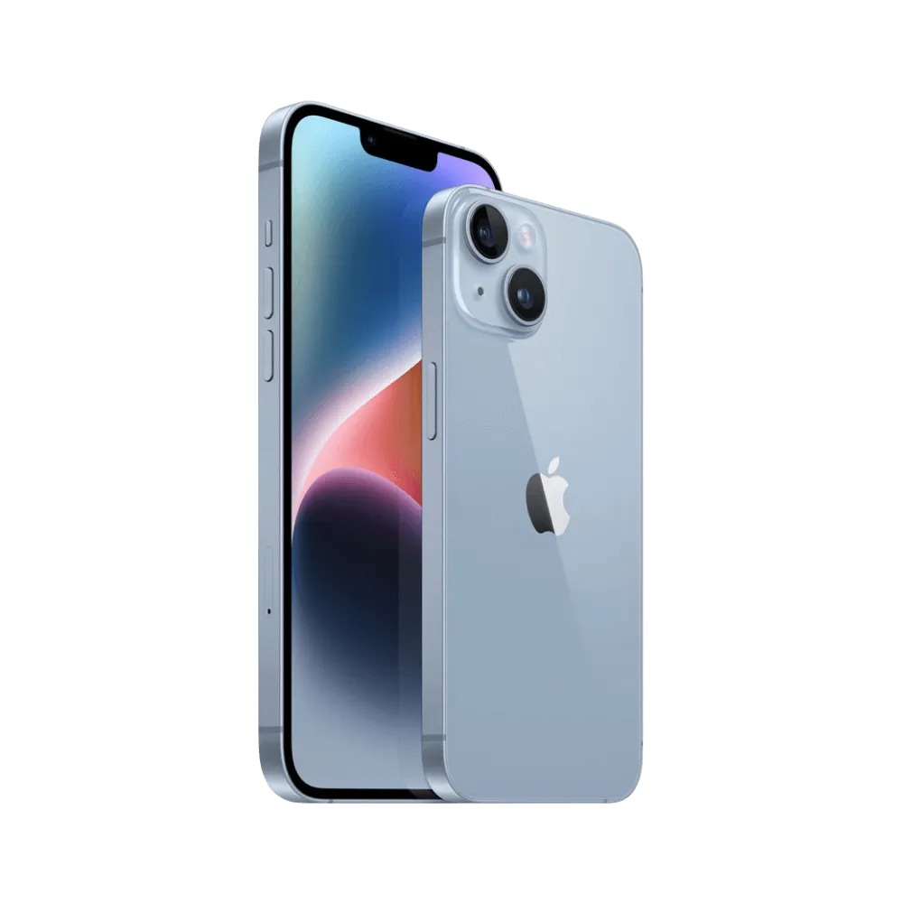 Profil fin de l’iPhone 14 Plus bleu. Réparation rapide coque tordue, boutons ou connecteur à iTelier Lyon, Oullins ou Chaponost.