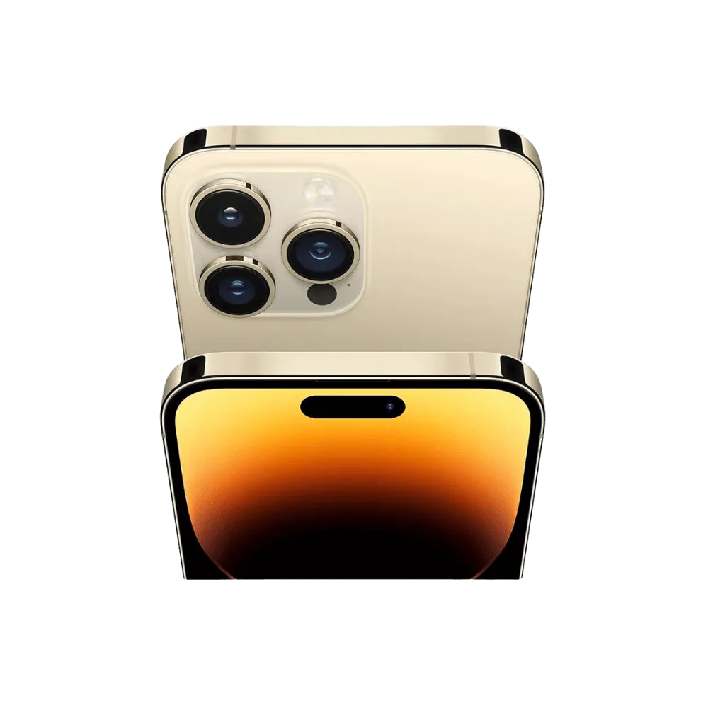 Vue inclinée de l’iPhone 14 Pro Max or. Réparation avant/arrière complète à iTelier Lyon, La Mulatière ou Grézieu-la-Varenne.