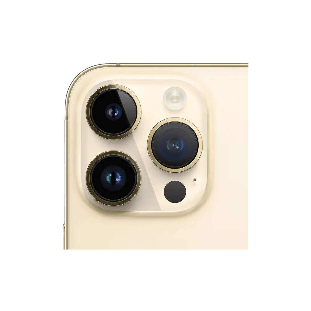 Zoom sur les trois capteurs photo du 14 Pro Max or. Réparation lentilles caméra ou module complet à Lyon, Craponne ou Rillieux-la-Pape.