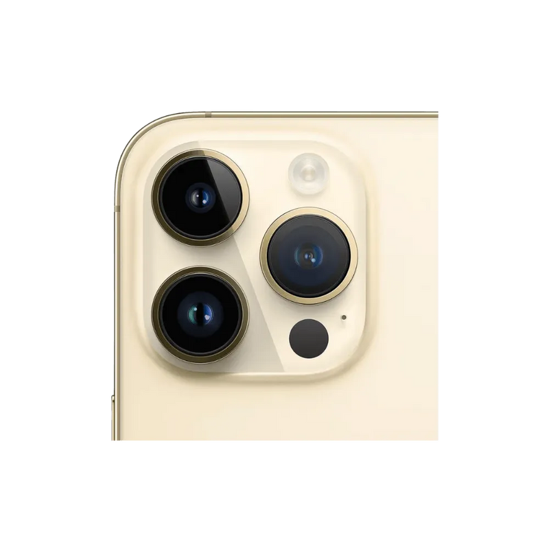 Zoom sur les trois capteurs photo du 14 Pro Max or. Réparation lentilles caméra ou module complet à Lyon, Craponne ou Rillieux-la-Pape.