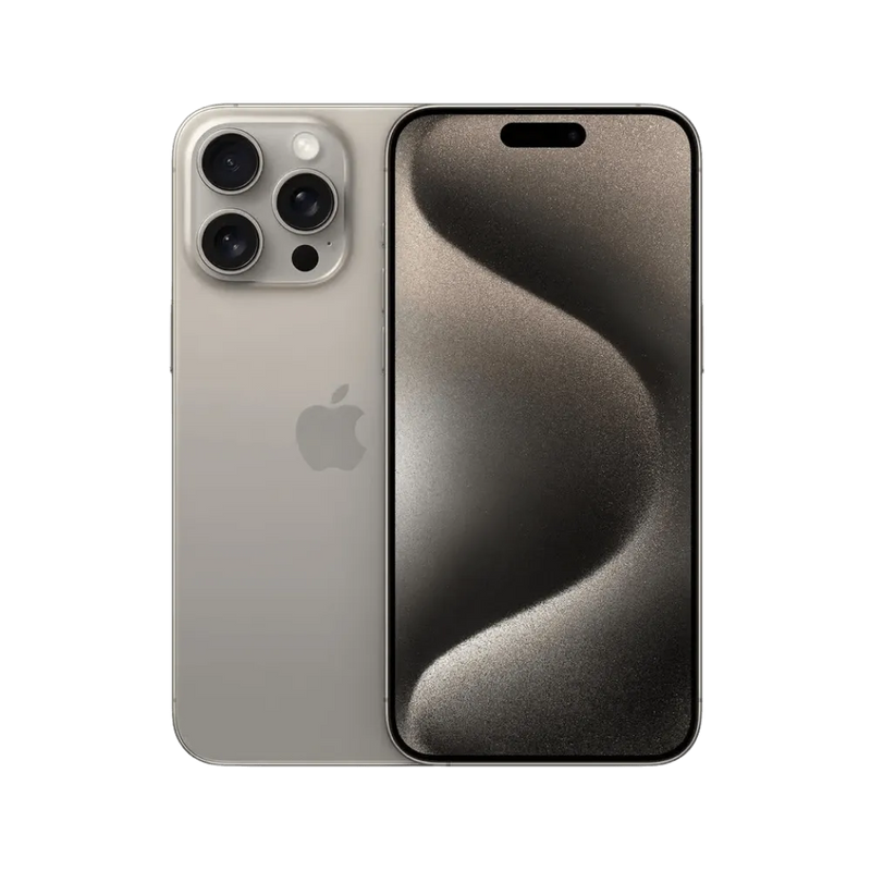 iPhone 15 Pro Max couleur titane vu de face et de dos. Réparation écran ou vitre arrière premium chez iTelier Lyon, Écully ou Champagne-au-Mont-d'Or.
