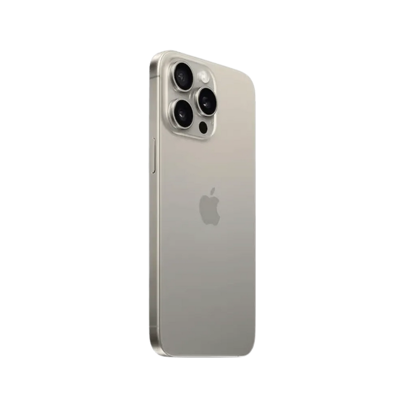 Dos incliné du 15 Pro Max titane. Réparation vitre arrière ou module caméra à Lyon, Sainte-Foy-lès-Lyon ou Chaponost avec garantie 12 mois.