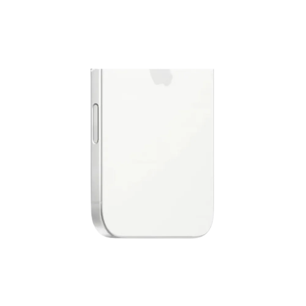 iPhone 16 Plus blanc posé à plat. Réparation vitre arrière ou châssis chez iTelier à Lyon, Grézieu ou Saint-Genis-Laval.