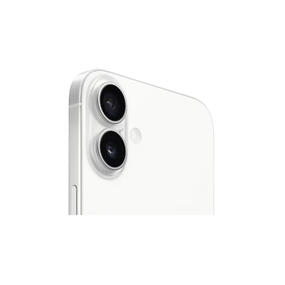 Zoom sur les deux caméras de l’iPhone 16 Plus blanc. Réparation module photo chez iTelier Lyon, Bron ou Écully.
