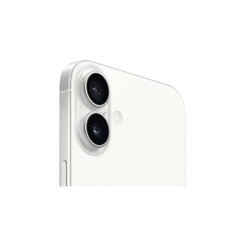 Zoom sur les deux caméras de l’iPhone 16 Plus blanc. Réparation module photo chez iTelier Lyon, Bron ou Écully.