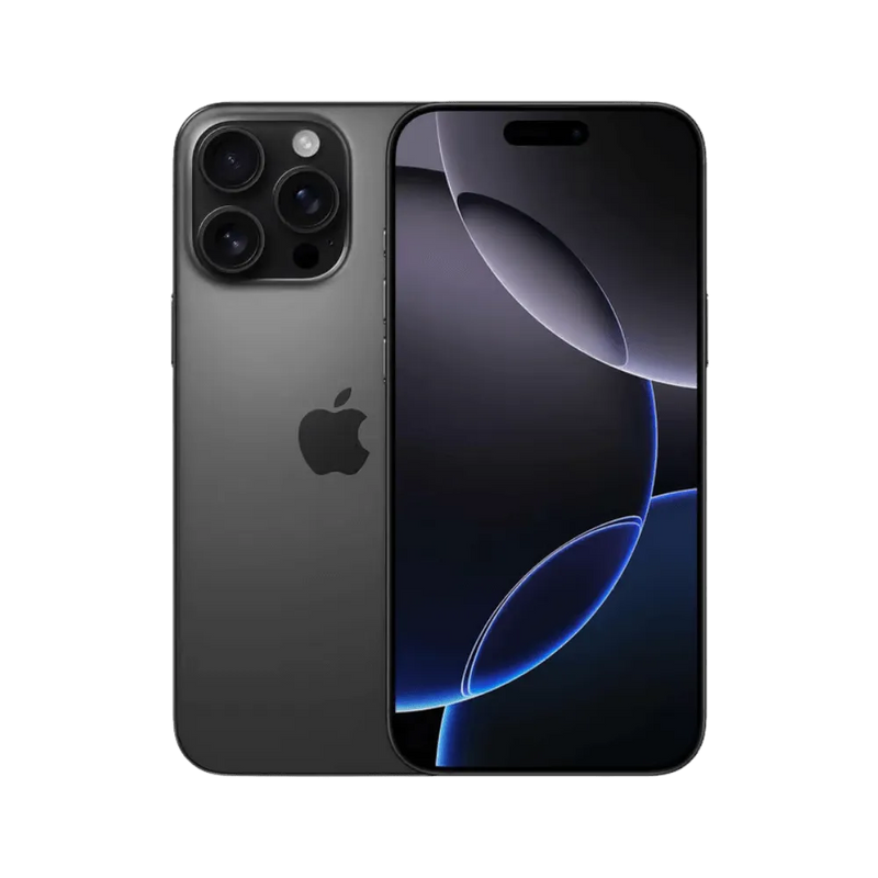 Vue complète iPhone 16 Pro Max noir sidéral. Réparation écran et dos vitre chez iTelier Lyon, Villeurbanne ou Champagne-au-Mont-d’Or.