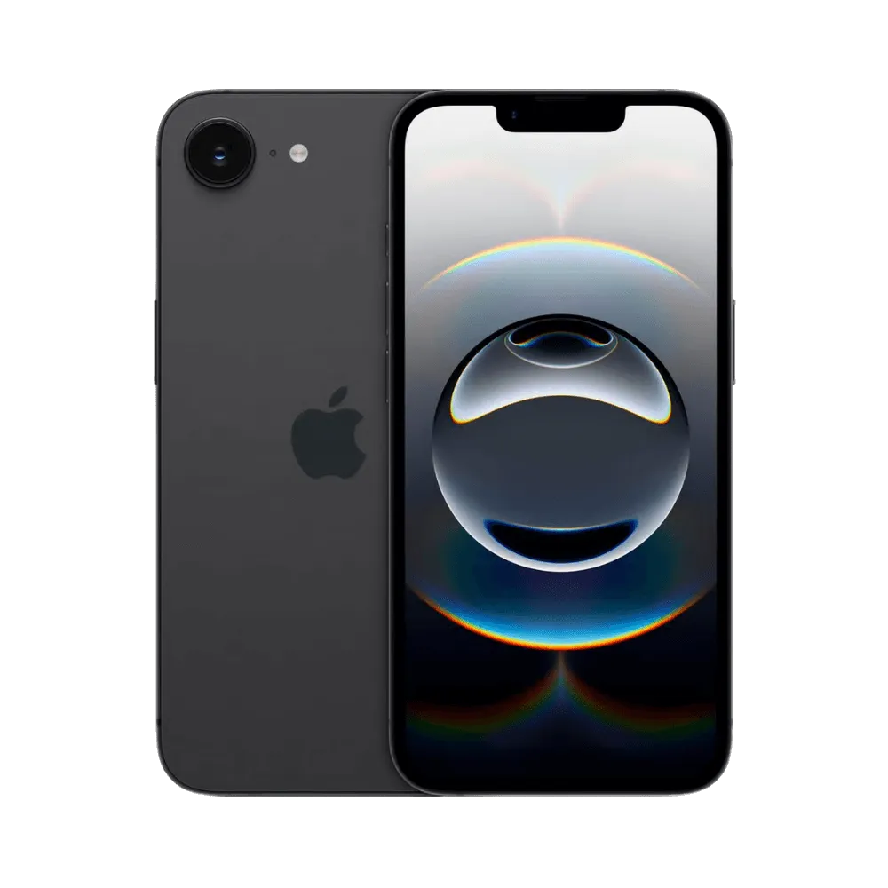 Vue complète iPhone 16e noir. Réparation écran et dos chez iTelier Lyon, Vaulx-en-Velin ou Écully.