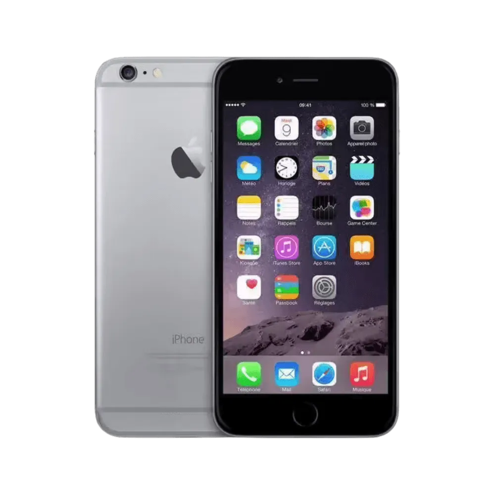 iPhone 6 Plus gris sidéral en vue avant et arrière. Réparation écran, batterie ou bouton chez iTelier Lyon. Prise en charge rapide, garantie 12 mois.
