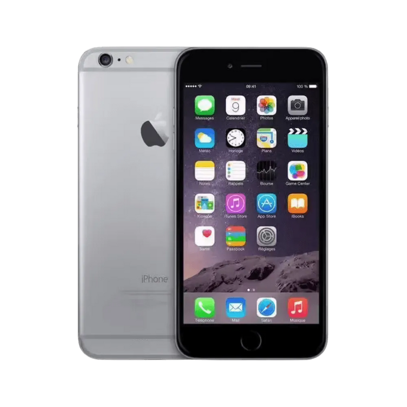iPhone 6 Plus gris sidéral en vue avant et arrière. Réparation écran, batterie ou bouton chez iTelier Lyon. Prise en charge rapide, garantie 12 mois.