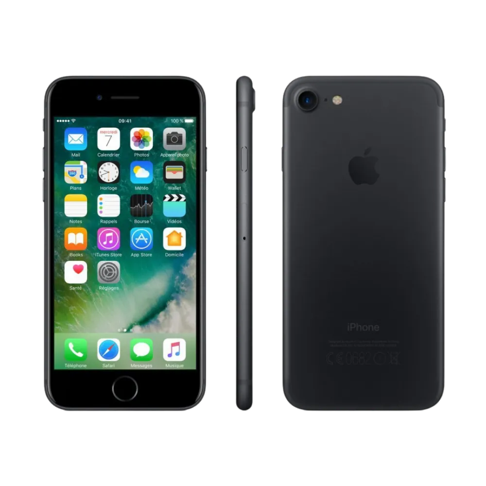 iPhone 7 noir présenté sous deux angles. Réparation iTelier Lyon : écran cassé, batterie faible, haut-parleur, micro ou caméra.