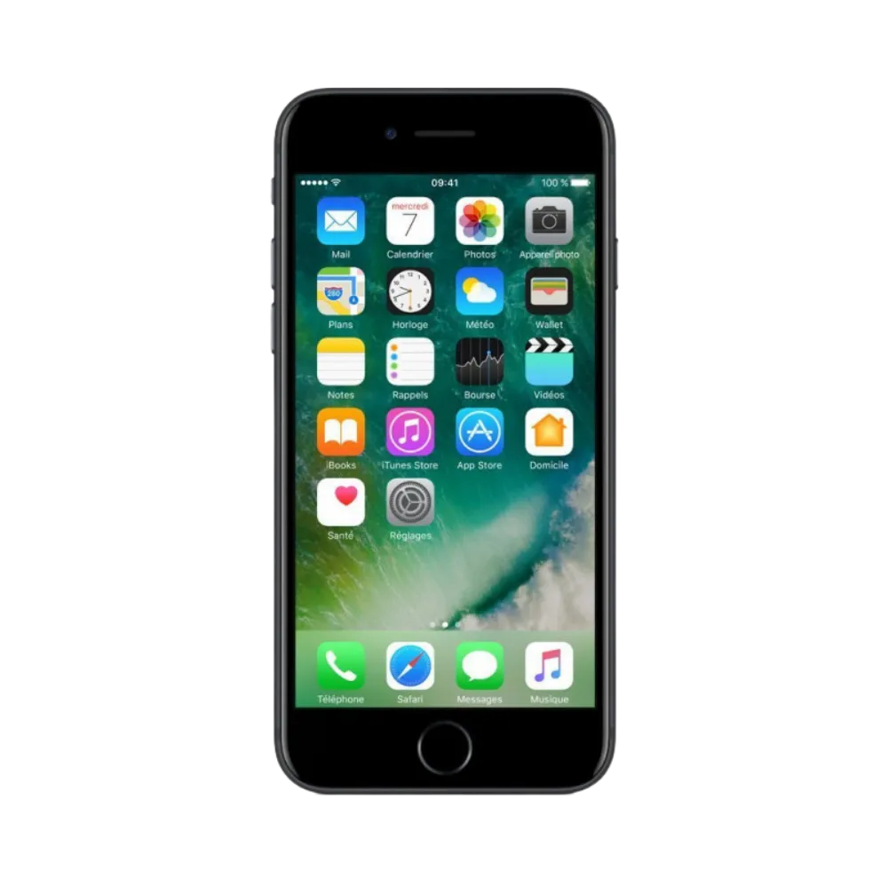 Écran allumé de l’iPhone 7 noir. Changement d’écran ou batterie chez iTelier Lyon. Diagnostic offert, en boutique ou à distance.