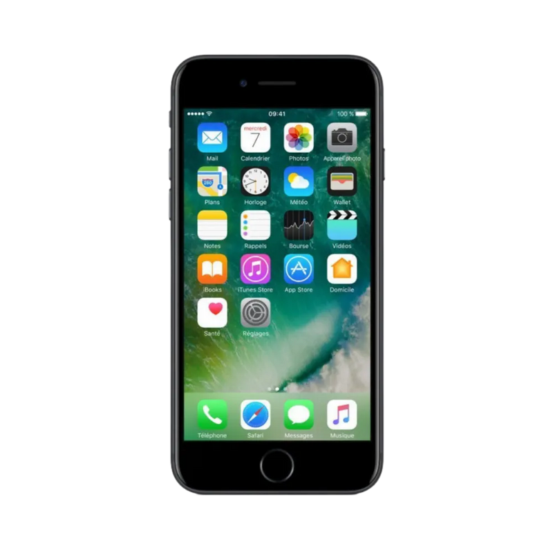 Écran allumé de l’iPhone 7 noir. Changement d’écran ou batterie chez iTelier Lyon. Diagnostic offert, en boutique ou à distance.