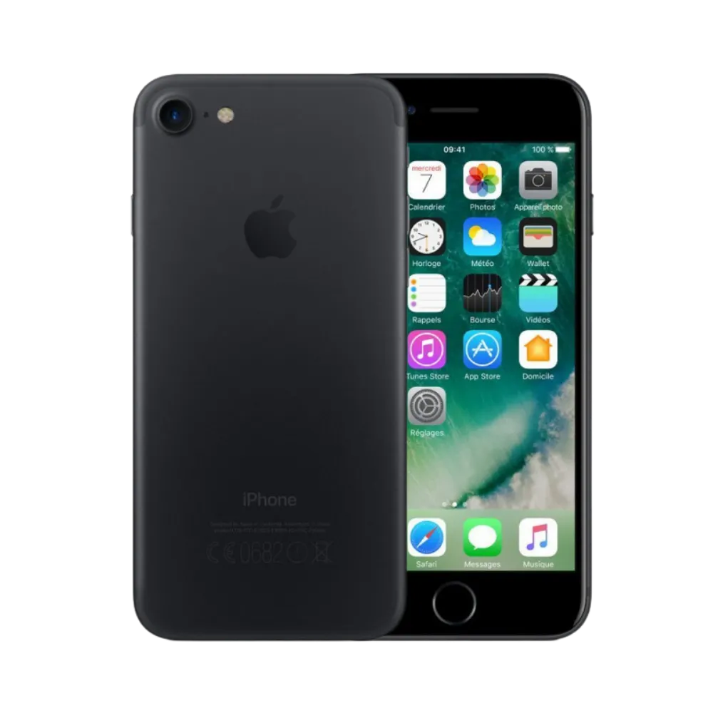 iPhone 7 noir vu de face et de dos. Réparation rapide à Lyon avec iTelier : écran, batterie, caméra, port Lightning. Garantie 12 mois.