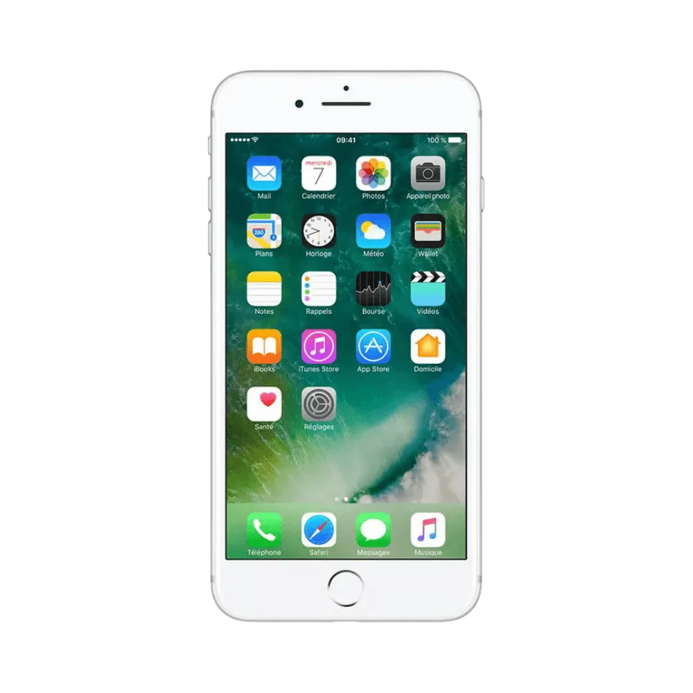iPhone 7 Plus argent avec écran allumé. Réparation rapide chez iTelier Lyon : écran brisé ou batterie à changer, diagnostic offert.