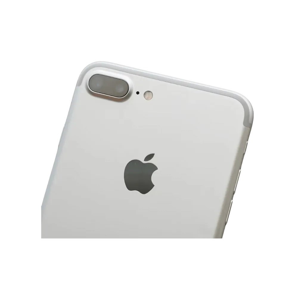 iPhone 7 Plus argent vu en angle avec ses deux caméras. Réparation double objectif, écran ou connecteur chez iTelier à Lyon.