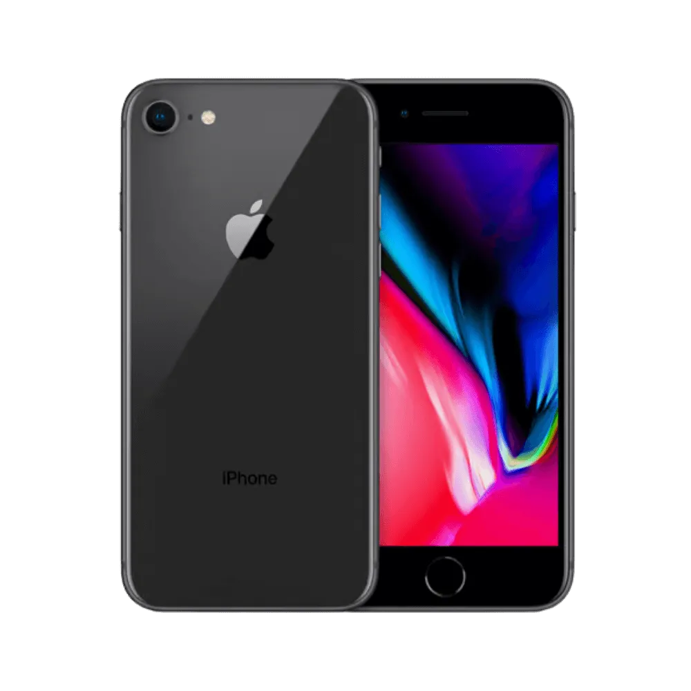 iPhone 8 noir vu de face et de dos. Réparation à Lyon chez iTelier : écran fissuré, vitre arrière brisée, bouton home ou batterie.