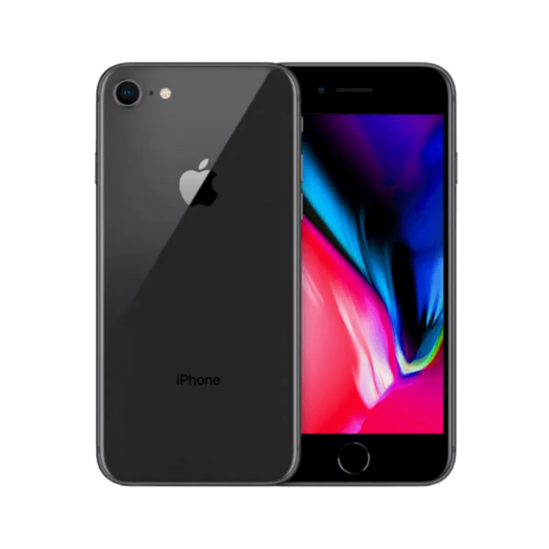 iPhone 8 noir vu de face et de dos. Réparation à Lyon chez iTelier : écran fissuré, vitre arrière brisée, bouton home ou batterie.